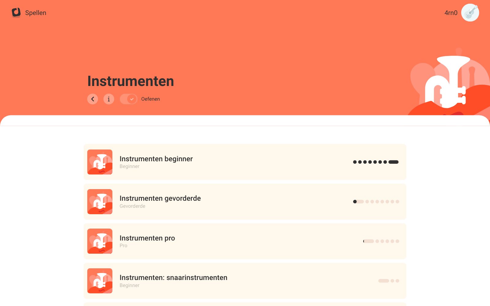 De instrumentenspellen in de Earz-app