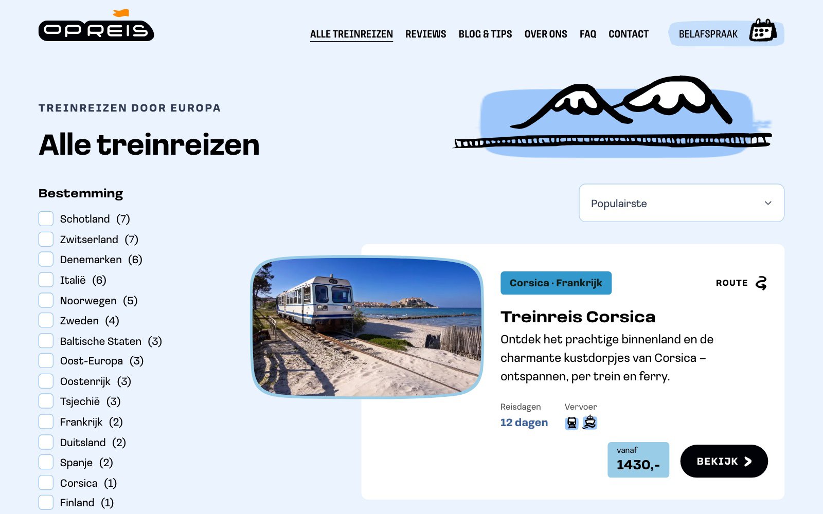 Alle treinreizen op Opreis.nl, met filters